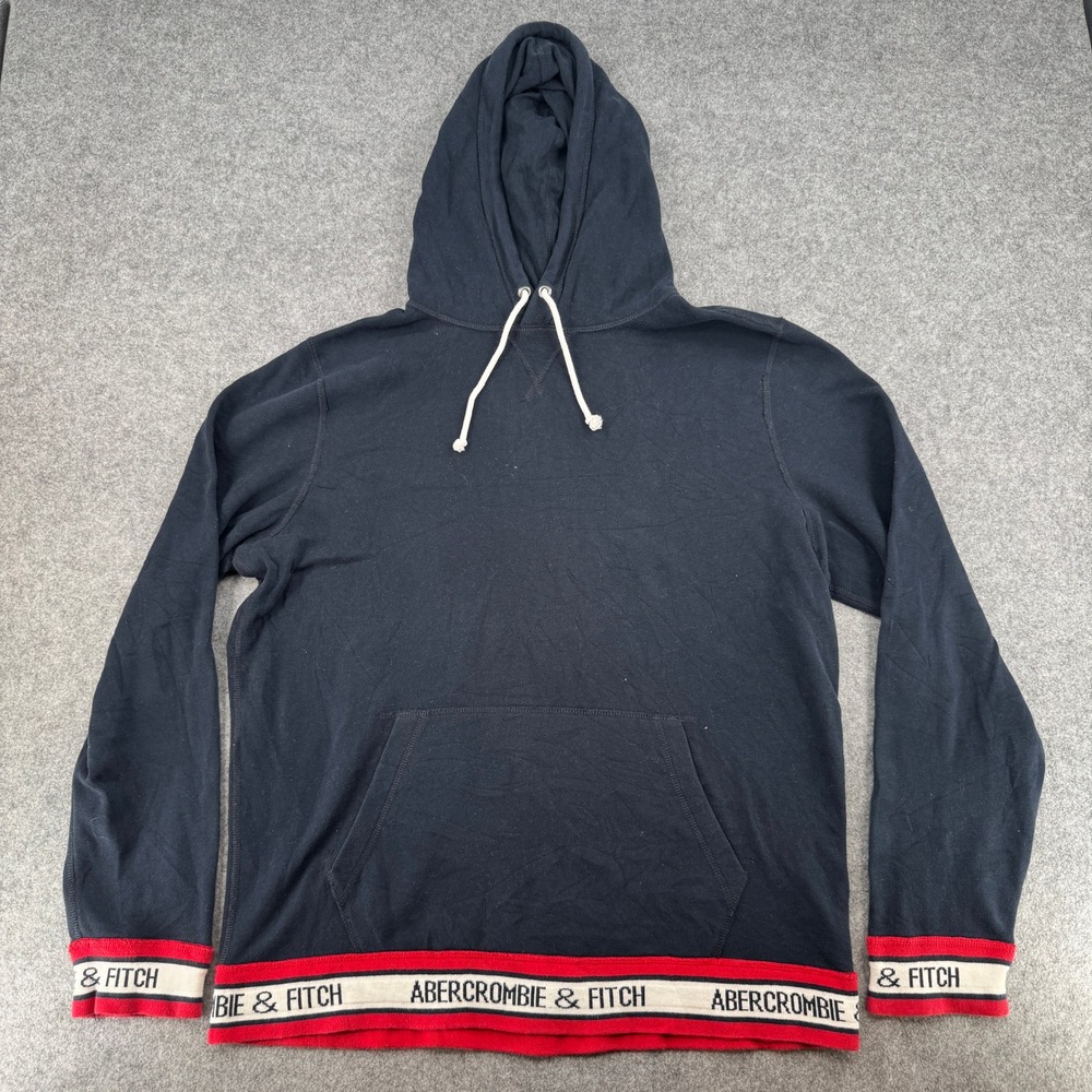Abercrombie & Fitch Hoodie Mens XL Navy Blue Logo Tape Trim EUC
